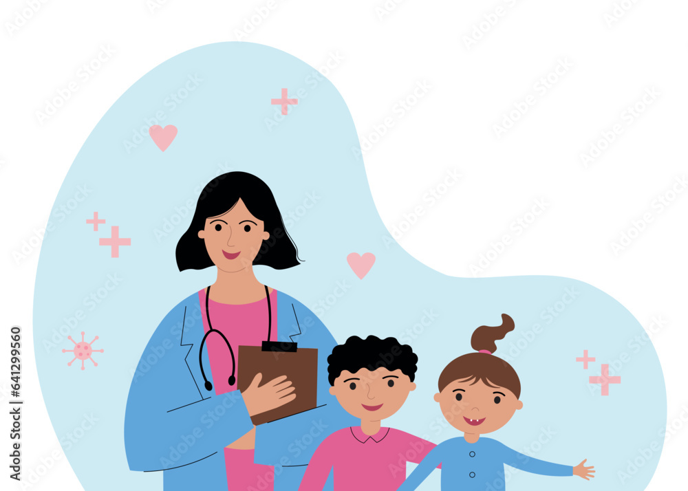 Children's doctor medic hand drawn vector illustration with pediatrician and children on isolated white background. Healthcare medicine health baby. Design element for print, paper, card, template Children's doctor medic hand drawn vector illustration with pediatrician and children on isolated white background. Healthcare medicine health baby. Design element for print, paper, card, template