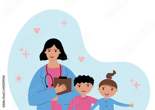 Children's doctor medic hand drawn vector illustration with pediatrician and children on isolated white background. Healthcare medicine health baby. Design element for print, paper, card, template