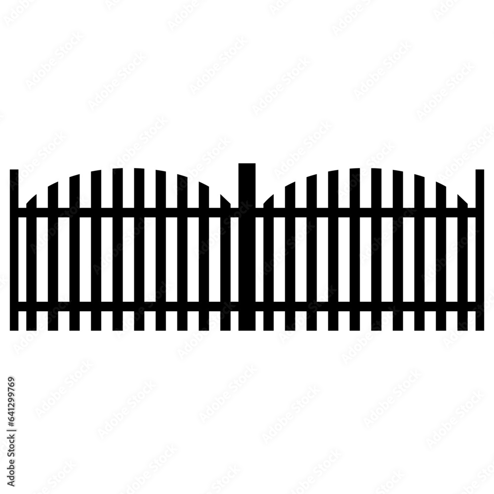 Black wooden fence silhouette isolated on white background. Decorative wood picket fence section design. Vector flat black garden picket fence design. Vector wood picket design. Seamless border.