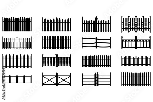 Foto Black wooden fence silhouette isolated on white background