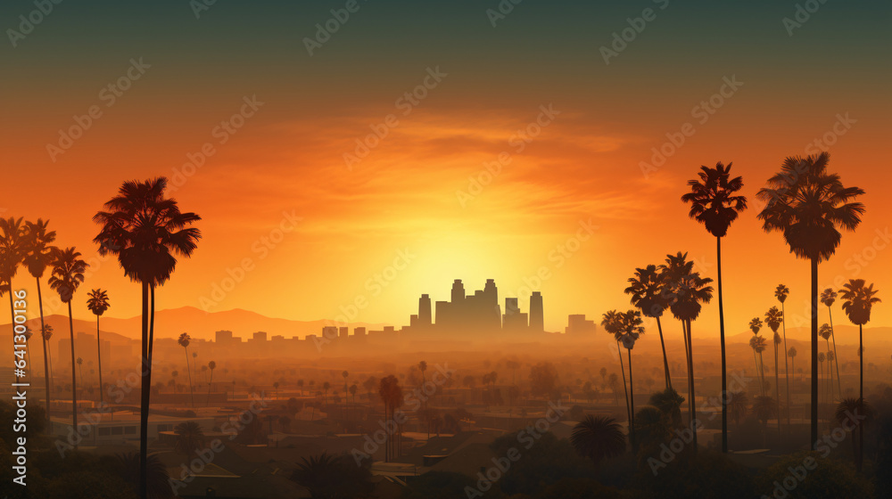 Los Angeles hot sunset view with palm tree and downtown