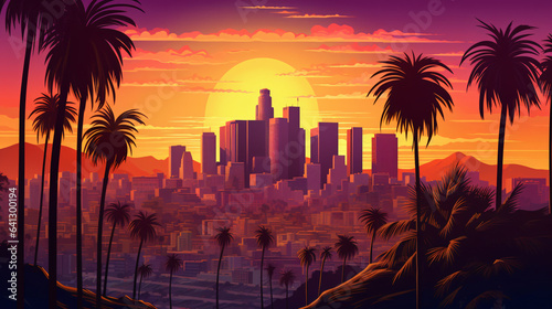 Los Angeles hot sunset view with palm tree and downtown