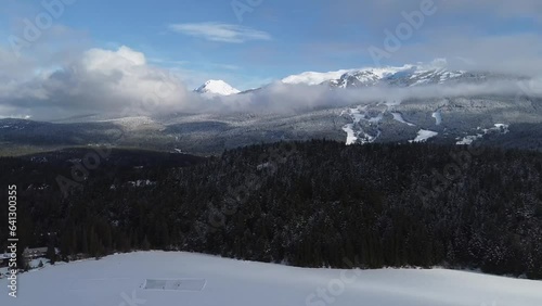 Wallpaper Mural Frozen Lake With Surrounding Pine Forest And Snow-covered Mountain Range During Winter In Whistler, Canada. aerial pullback Torontodigital.ca