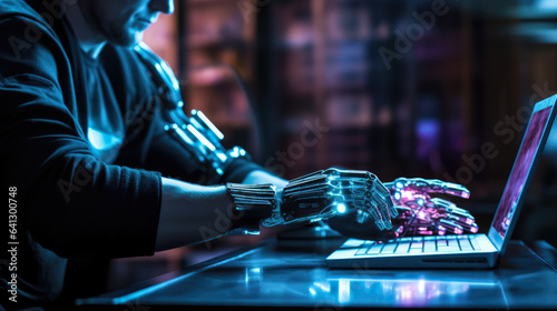 Close-up on Hands: Person with Disability Using Prosthetic Arm t photo