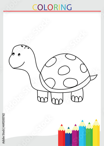 Children's coloring page turtle shell blank line drawing in a frame with pencils vector illustration