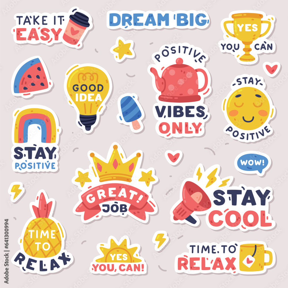 Bright Stickers Design with Positive Saying Vector Set