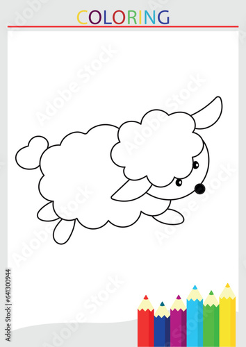 Children's coloring page sheep ram blank line drawing in a frame with pencils vector illustration