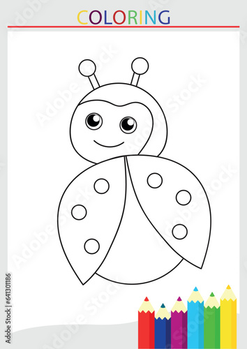 Children's coloring page by the colors of a ladybug, a ladybug, a ladybug, a crafty blank line drawing in a frame with pencils, vector illustration