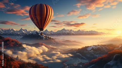 Air balloon flying over a mountain peak. Generative AI.