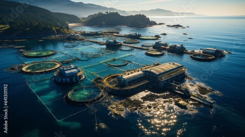 Aerial view of a large-scale fish farm in the ocean. Generative AI.