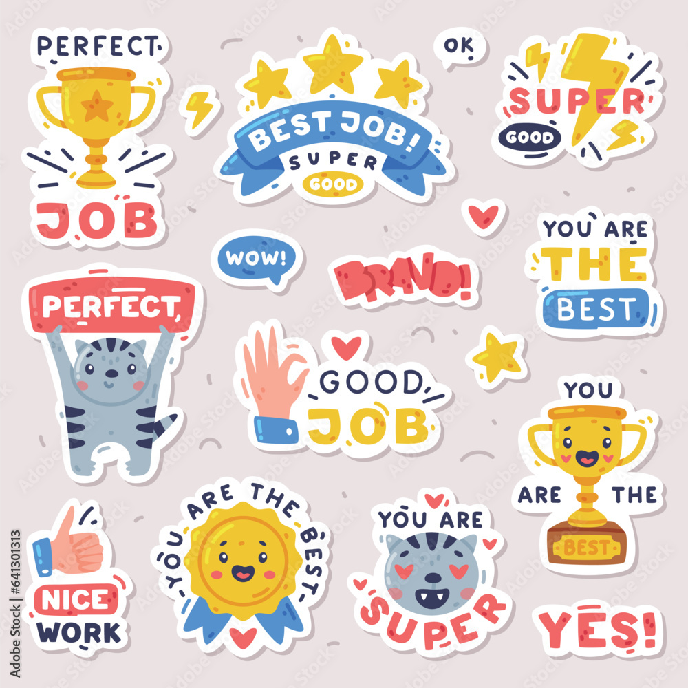 Bright Stickers Design with Positive Saying Vector Set