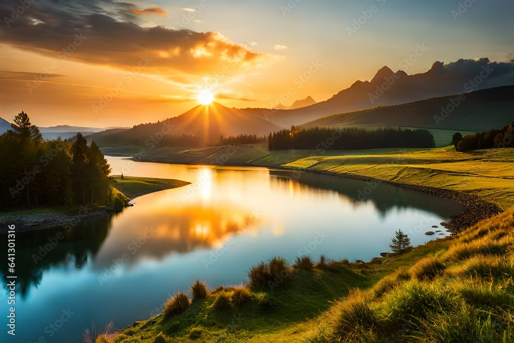 Golden sun glowing over landscape and water