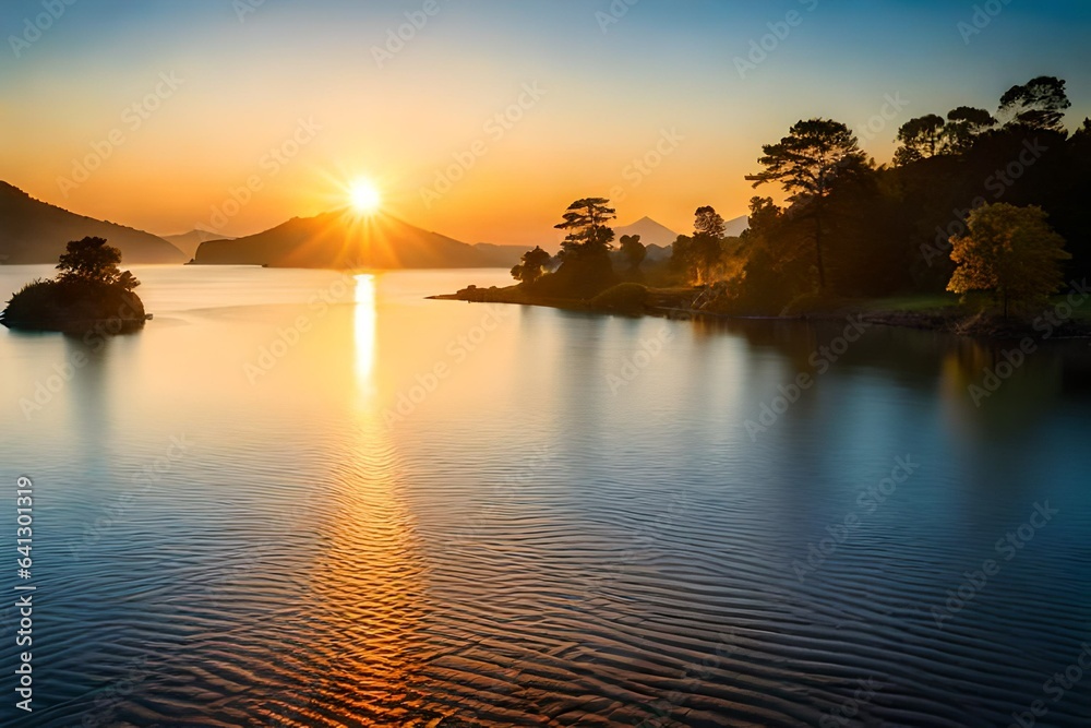 Golden sun glowing over landscape and water Golden sun glowing over landscape and water