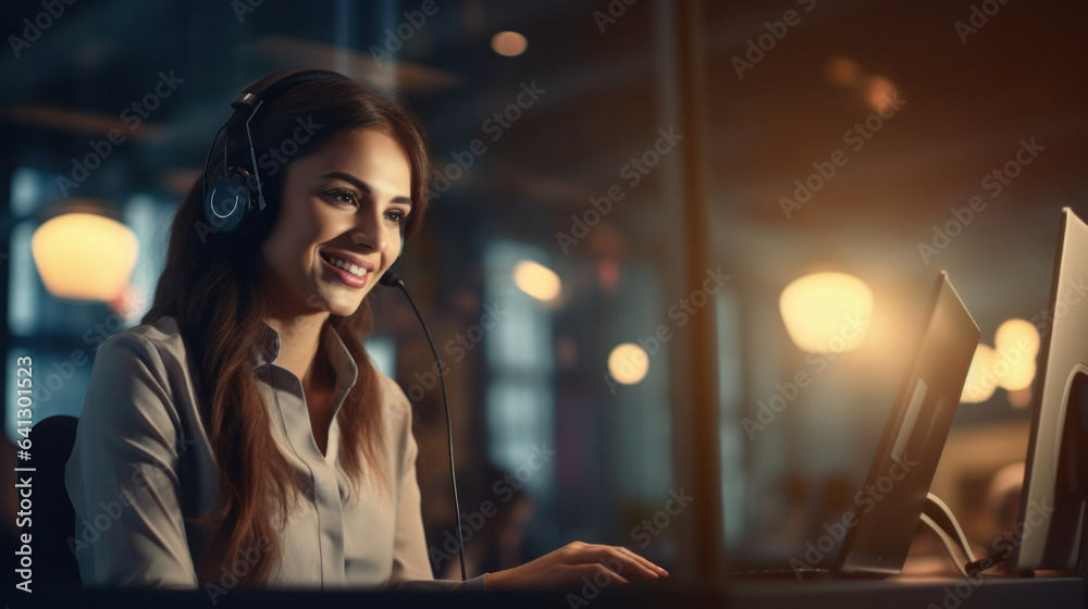 Call center agent with headset working on support hotline in mod