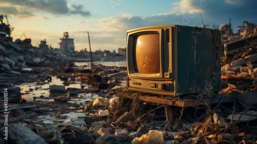 An old TV lying on the ruins of a house. Generative AI.