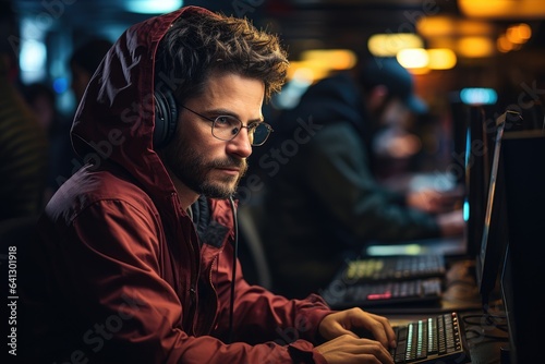 Portrait of an IT specialist, young adult bearded man in glasses and hoodie works on a PC station