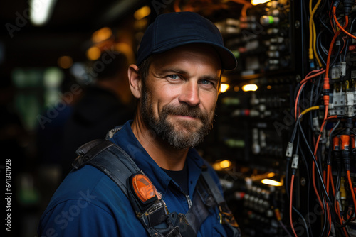 Portrait of an electrician, young adult bearded man stands in front of electrical panel with power lines