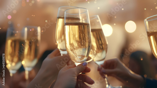 Hand holding glass of champagne, people cheering, cheers, spending a moment together with friends, party, happy moment, nightclub, restaurant, cheering, family, sparkling wine, luxury,