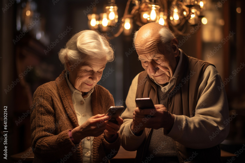 Aged couple ith smartphones stands at home and watching on display