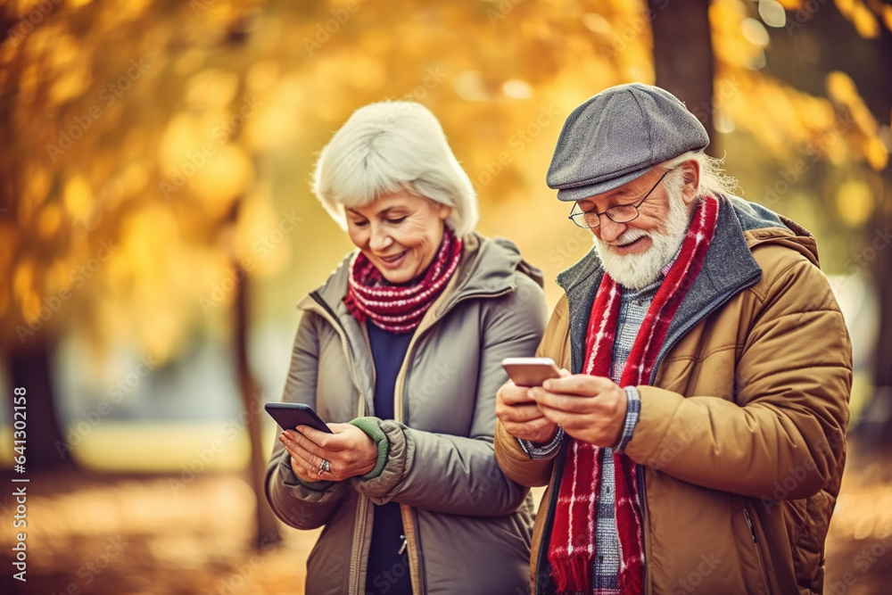 Elderly couple sitting on bench with smartphones and watching in it