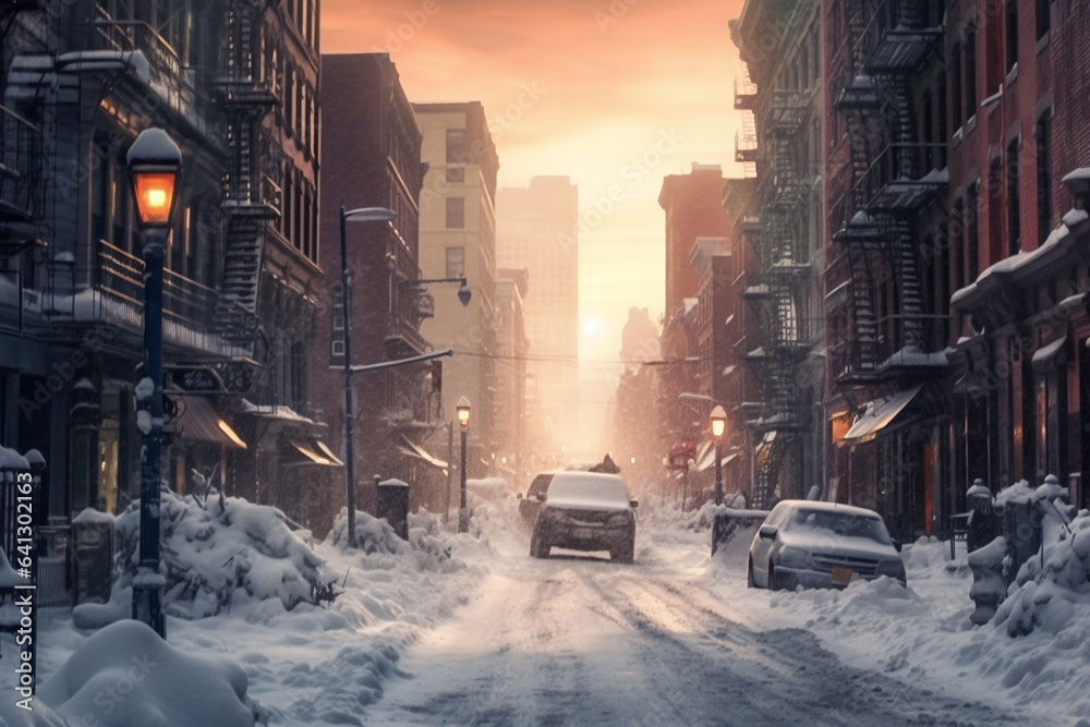 Fototapeta premium American city covered in a blizzard, cars and streets in snow and drifts.