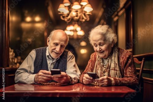 Aged couple with smartphones sitting at table in cafe