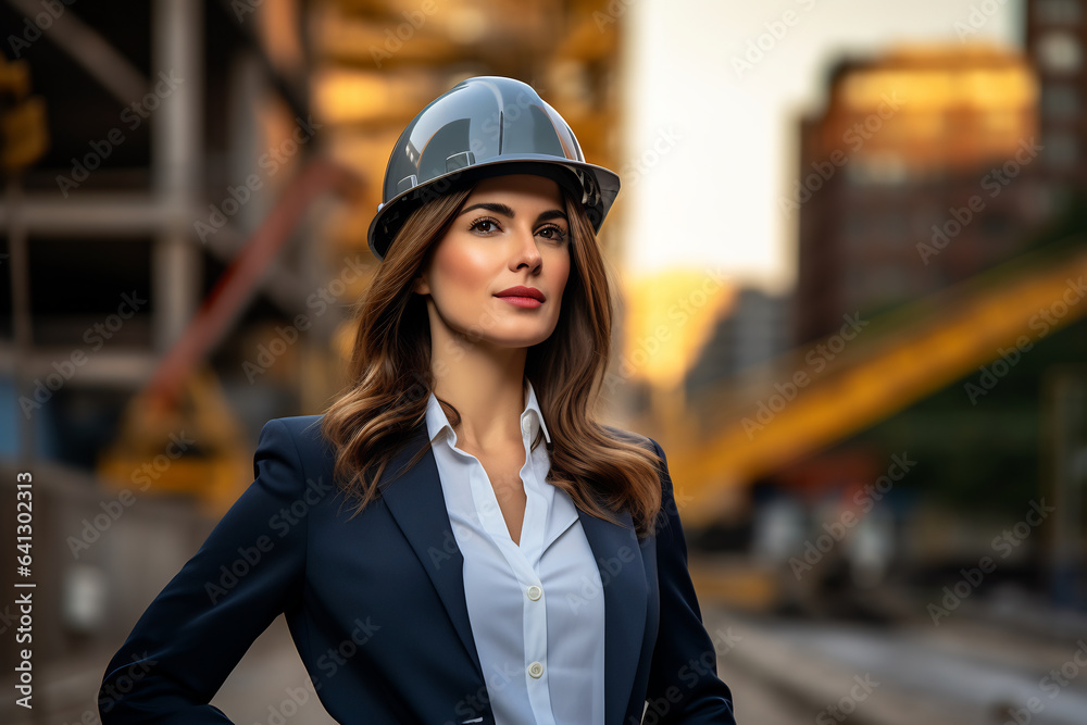 A confident business woman wearing a safety hard hat A confident business woman wearing a safety hard hat