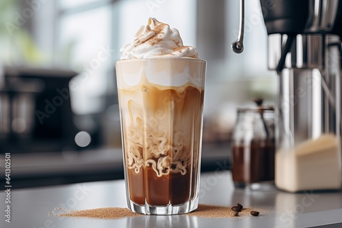 glass with warm coffee drink with pumpkin spice or cinnamon, whipped milk foam and chocolate in a white sunlit modern kitchen interior