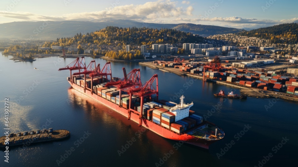 Big port containers aerial view. Container ships business. Generative AI.
