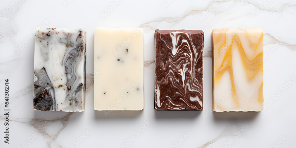 Eco natural homemade soap with different aroma and color on marble table - obrazy, fototapety, plakaty 