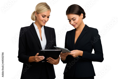 Businesswoman's teamwork in the workplace and using tablets isolated on transparent background PNG