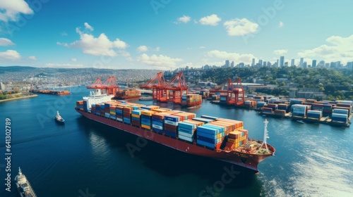 Big port containers aerial view. Container ships business. Generative AI.