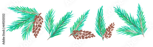 Set of hand drawn pastel chalk green fir branches for christmas noel new year background.Isolated