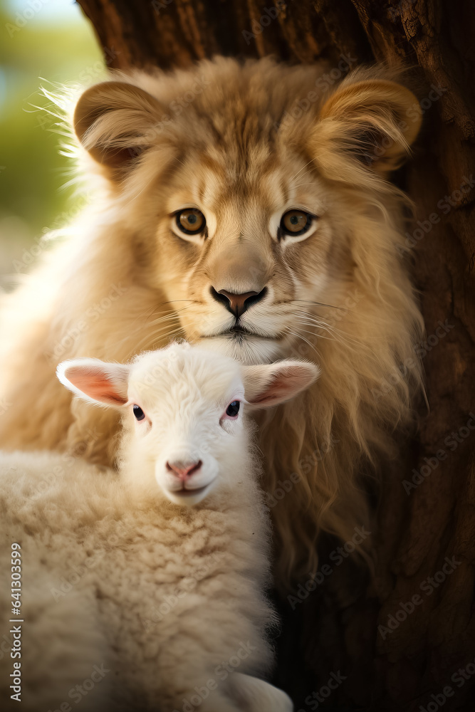 A lion and a lamb peacefully coexist in harmony A lion and a lamb peacefully coexist in harmony