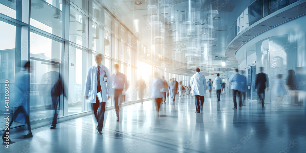 Busy hospital corridor with diverse doctors in motion suitable for medical and healthcare services Busy hospital corridor with diverse doctors in motion suitable for medical and healthcare services