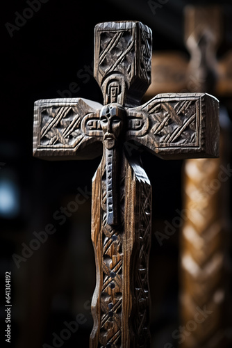 Obraz na plátně Close-up of an ancient wooden religious cross in a prayerful pose