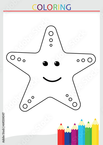 Children's coloring page starfish crafty blank line drawing in a frame with pencils vector illustration