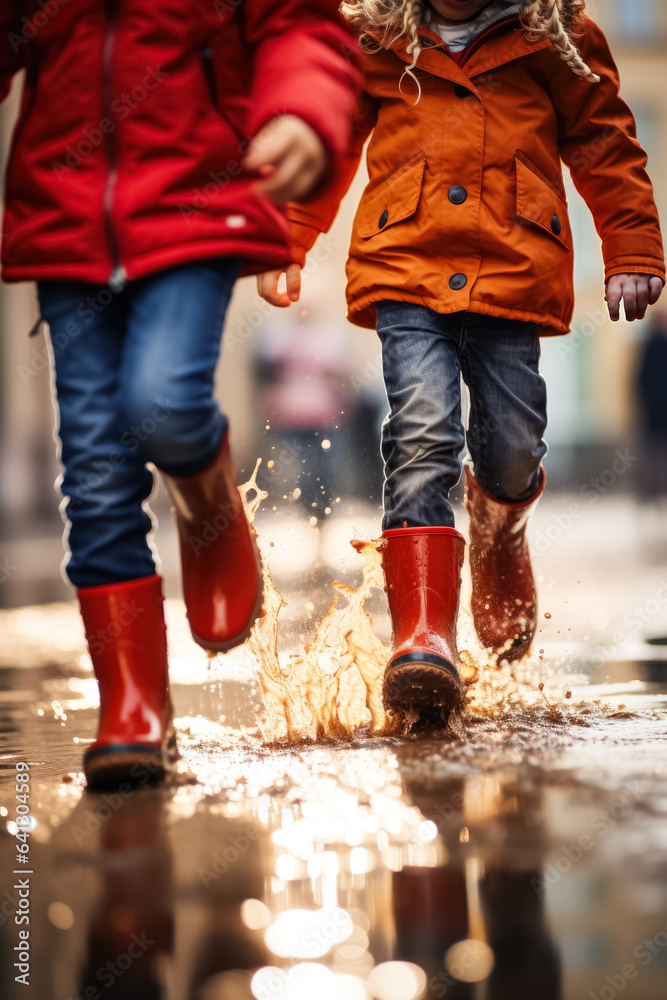 Children wearing red rubber boots walk through a puddle while using technology Children wearing red rubber boots walk through a puddle while using technology