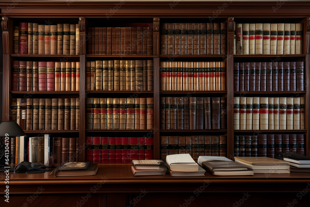 Law Library. Rows of Books and Legal References in a Law Firm - obrazy, fototapety, plakaty 