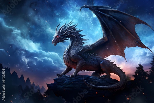 Giant Fantasy Dragon in the Night Sky