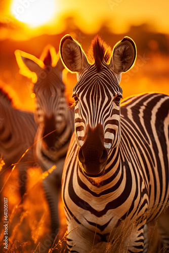 Herd of zebras grazing in high grass during a summer sunset a wildlife scene in nature  © fotogurmespb