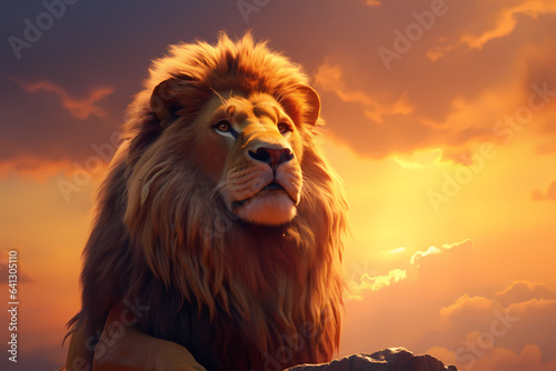 Beautiful majestic lion looking up into a sunset sky