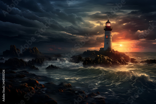 Beautiful lighthouse adorned nighttime seascape with a gloomy sky at sunset