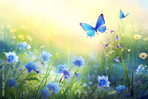 Beautiful summer or spring meadow with blue flowers of forget-me-nots and two flying butterflies, wild nature landscape