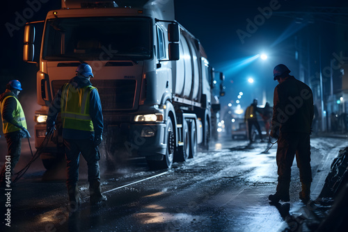 Nighttime Road Work. Illuminated Scene with Workers and Equipment