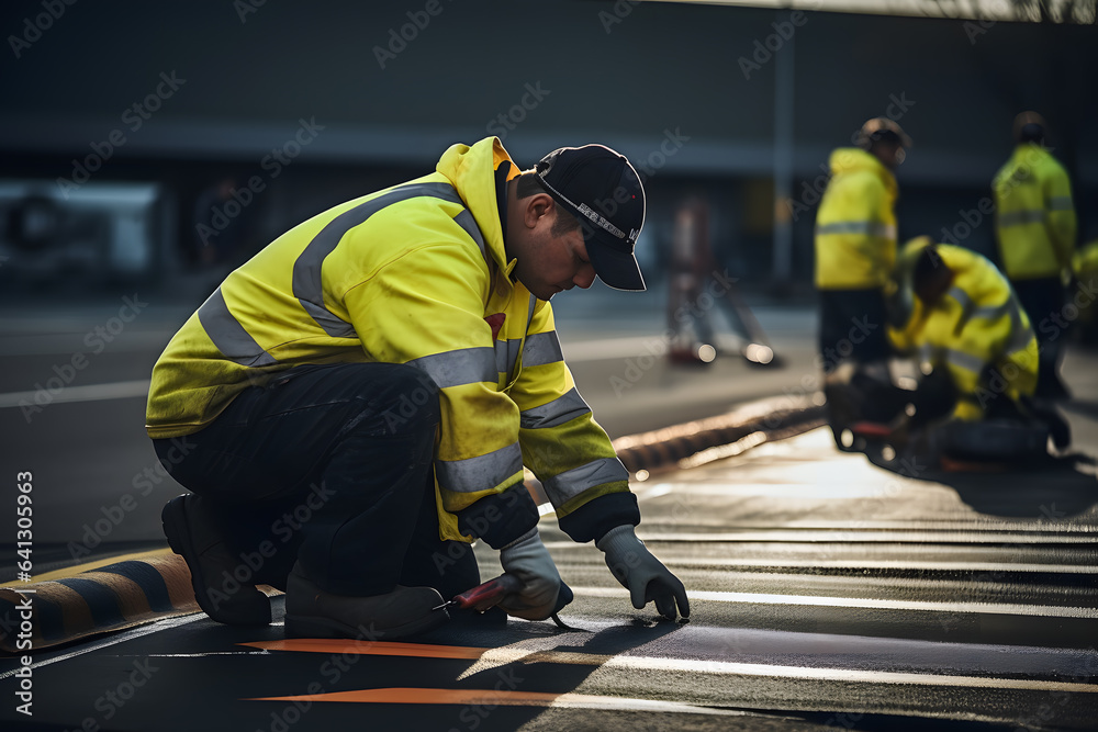Road Marking. Workers Painting Lane Lines on the Freshly Paved Road Road Marking. Workers Painting Lane Lines on the Freshly Paved Road