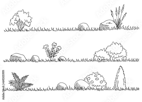 Grass set graphic black white isolated sketch illustration vector 