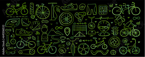 Bicycle time. Types of bicycles, tools and spare parts. Horizontal frame for your design - print, cards, t-shirts etc
