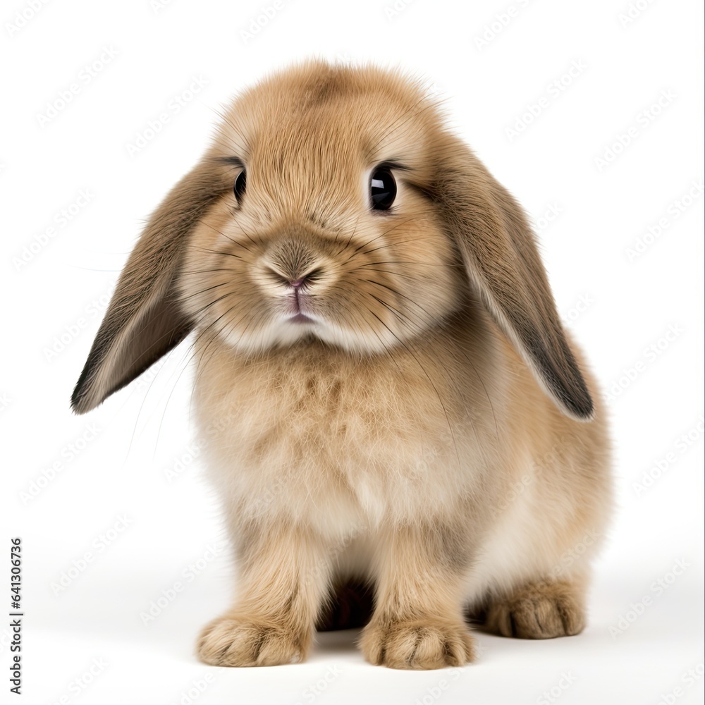 Adorable Baby Holland Lop Rabbit on White Background - Domestic, Cute and Creamy Brown Fur
