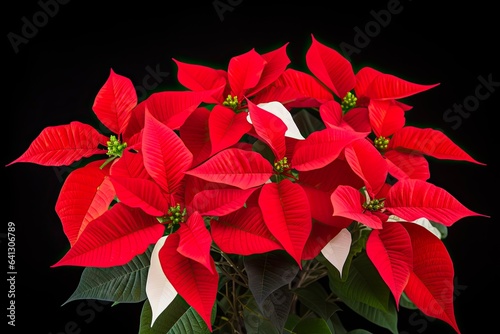 Christmas Poinsettia Blossom: Red Holiday Flower in Isolated Close-up Shot with Vibrant Green Leaves as Decoration Symbol on White Background